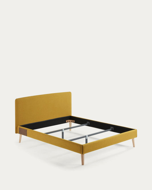 Dyla bed with removable cover in mustard, with solid beech wood legs for a 160 x 200 cm mattress