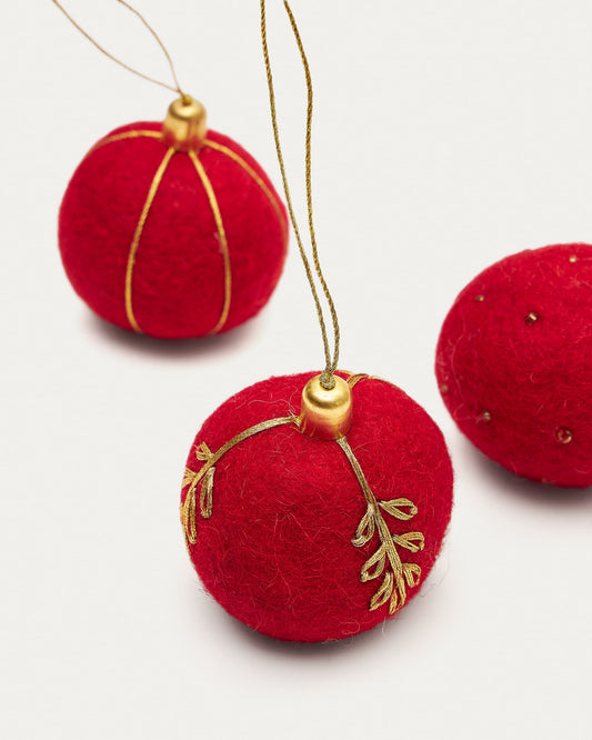 Breshi set of 3 small red decorative pendant balls with gold details