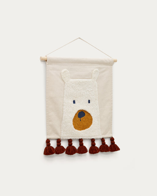 Zelda white cotton bear and tassel wall hanging with terracotta tassels, 40 x 40 cm