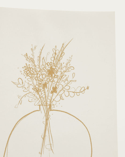 Erley print on white paper with mustard flower vase, 21 x 28 cm