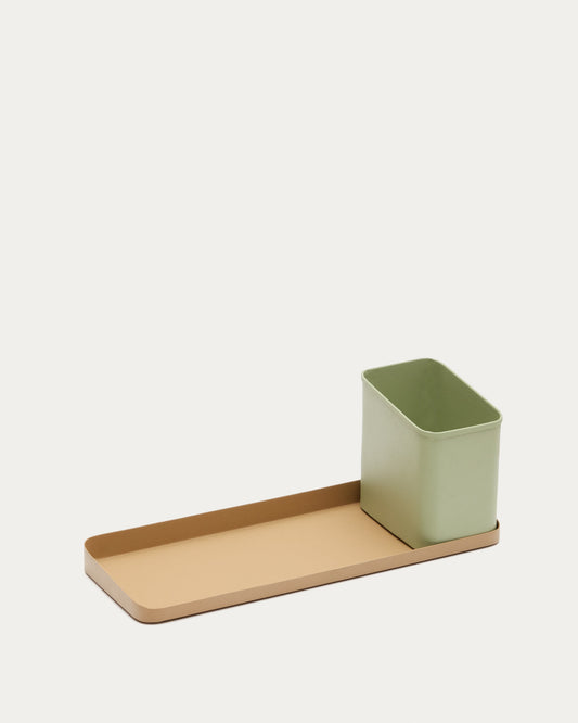 Moka pencil and desk tray set in green and brown metal