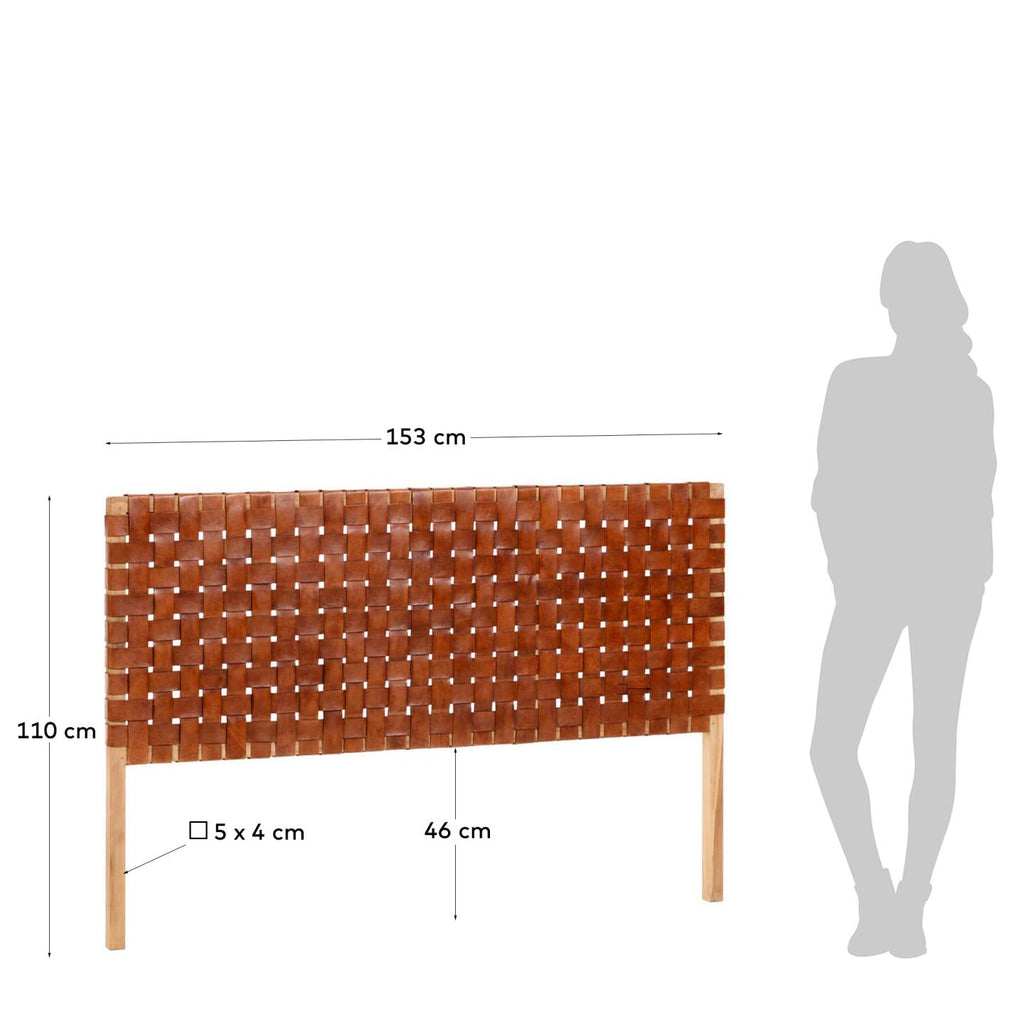 Calixta solid teak wood and leather headboard with natural finish for a bed up to 150 cm