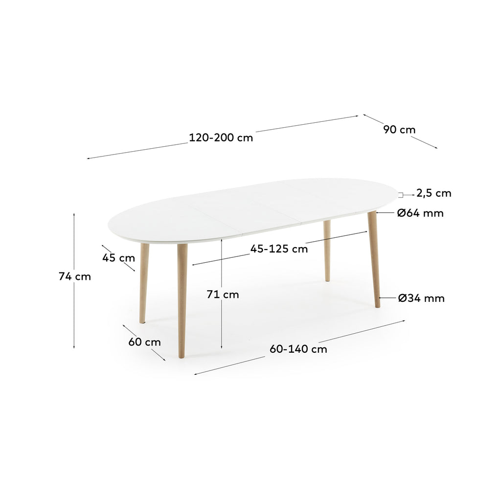 Oqui oval extendable MDF table with white lacquer and solid beech legs 120 (200) x 90 cm
