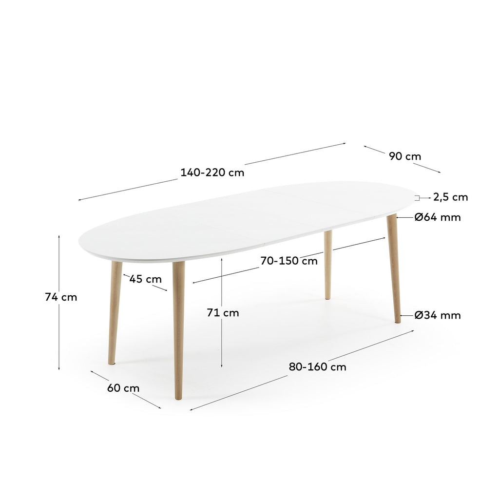 Oqui oval extendable MDF table with white lacquer and solid beech legs 140(220)x90 cm