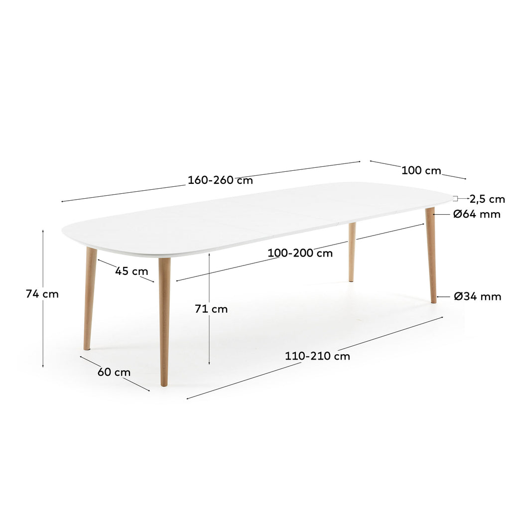 Oqui extendable oval table with an oak veneer and solid wood legs, Ø 160 (260) x 100 cm