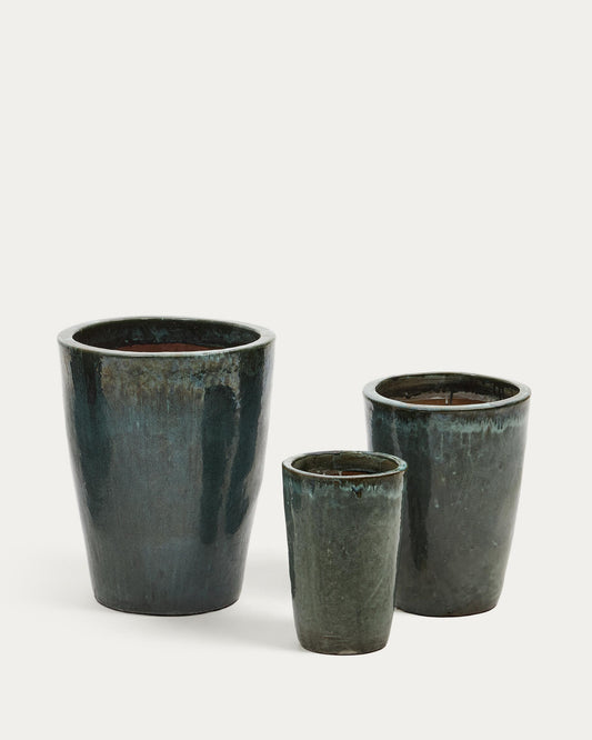Rotja set of 3 terracotta planters with glazed blue finish Ø 26 / 35 / 47 cm