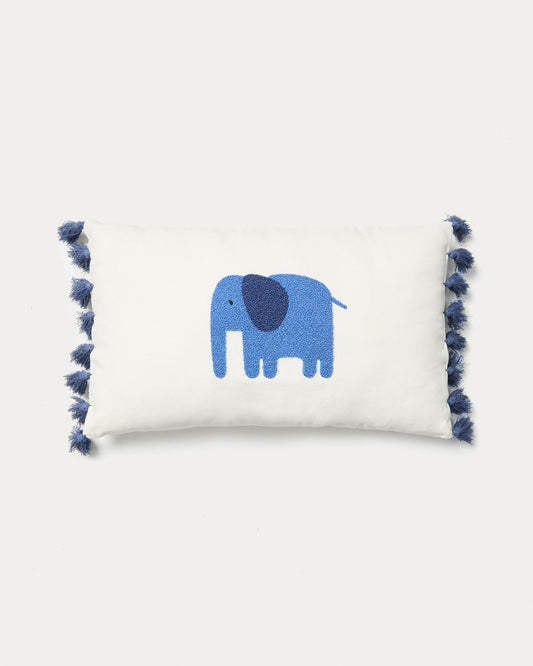 Tandani beige cotton cushion cover with embroidered blue elephant 30 x 50cm