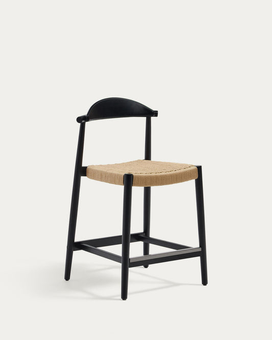 Nina stool made of solid acacia wood with black finish and beige rope height 62 cm
