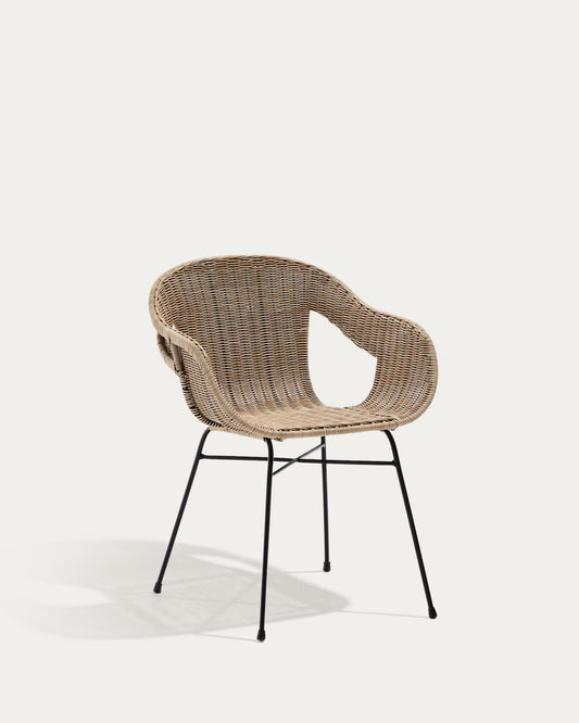 Eltiera stackable chair in synthetic rattan with black steel frame