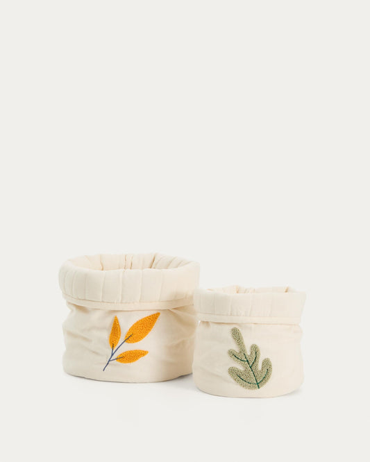Tandani set of 2 beige cotton children's baskets with embroidered leaves