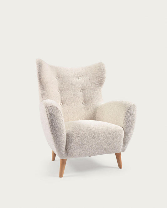 Patio armchair in white bouclé with solid, beech wood legs FSC Mix Credit