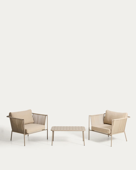 Zivia set with 2 armchairs in ecru rope cord and taupe galvanised steel and table in taupe galvanised steel 90 x 50 cm