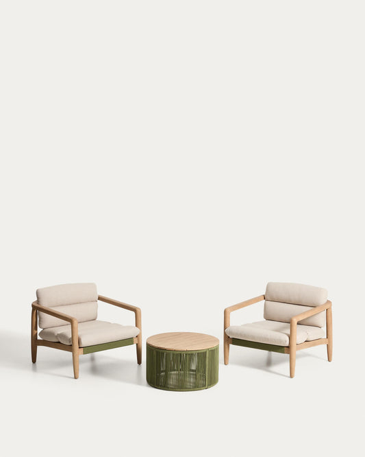 Set of 2 Menfi armchairs in acacia wood and green rope with Dandara coffee table in steel, rope and acacia wood FSC 100% Ø60 cm