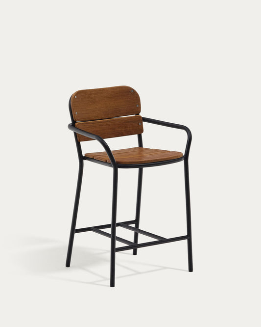 Algueret Stool Solid Eucalyptus Wood Natural Finish and Black Aluminum 65 cm FSC 100%