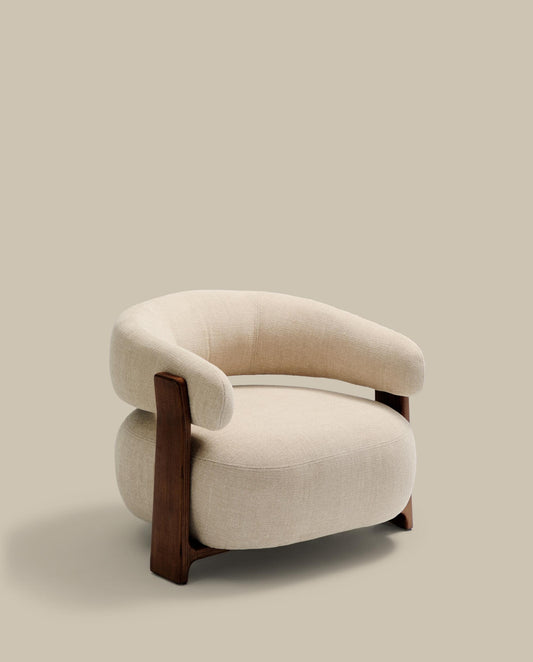 Granite beige chenille armchair with solid ash wood legs in a walnut finish FSC 100%