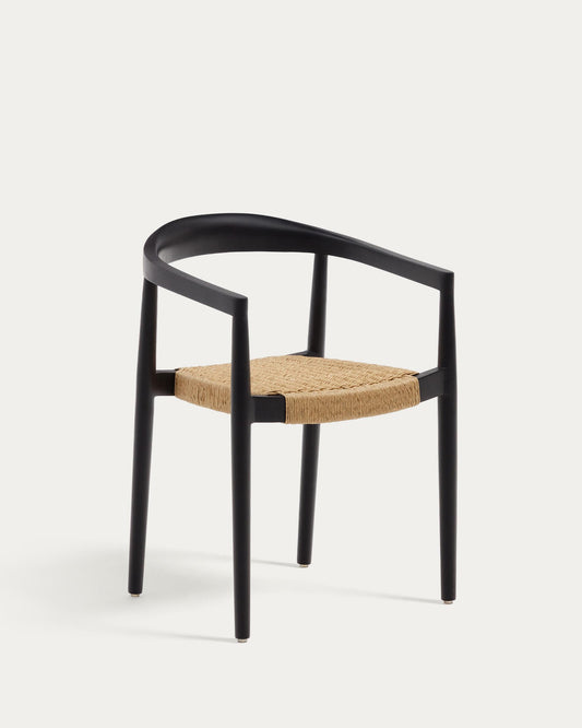 Ydalia stackable outdoor chair in solid teak wood with black finish and synthetic rattan rope