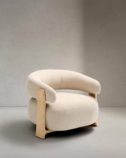 Granite beige chenille armchair with solid ash wood legs in a natural tone finish FSC 100%