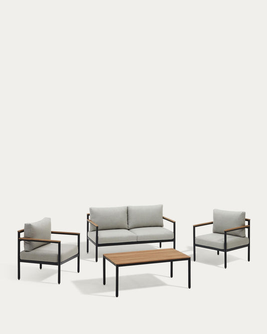 Aiguafreda set, 2 seater sofa, 2 chairs & coffee table made from grey aluminium & acacia