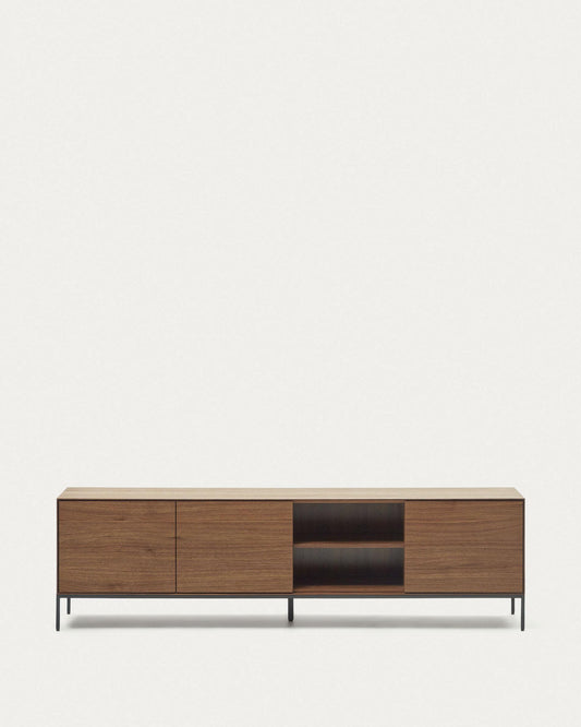 Vedrana 3-door TV stand in walnut veneer with black steel legs, 195 x 55 cm