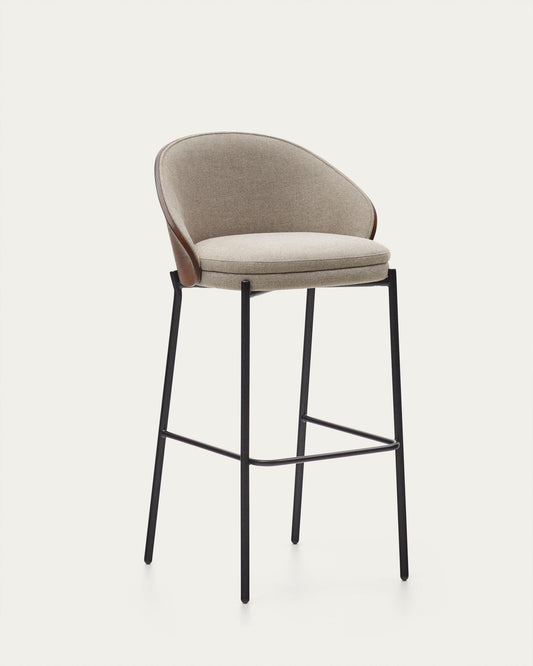 Eamy stool light brown chenille and ash wood veneer with a wenge finish and black metal, 77 cm