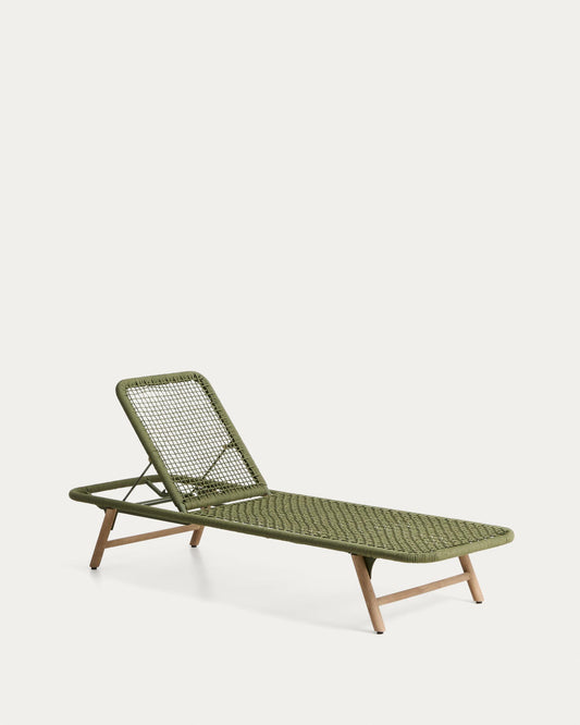 Dandara sun lounger in steel, green rope and legs in solid FSC 100% acacia wood