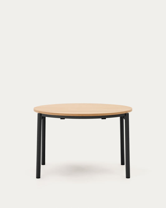 Montuiri extendable round table in oak veneer and steel legs with black finish, Ø 120 (200) cm