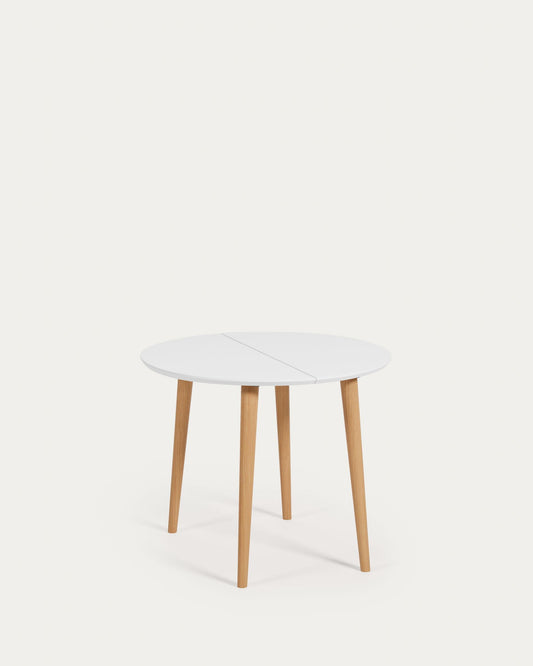 Oqui extendable round table in MDF with white lacquer and solid beech wood legs, 90 (170) x 90 cm