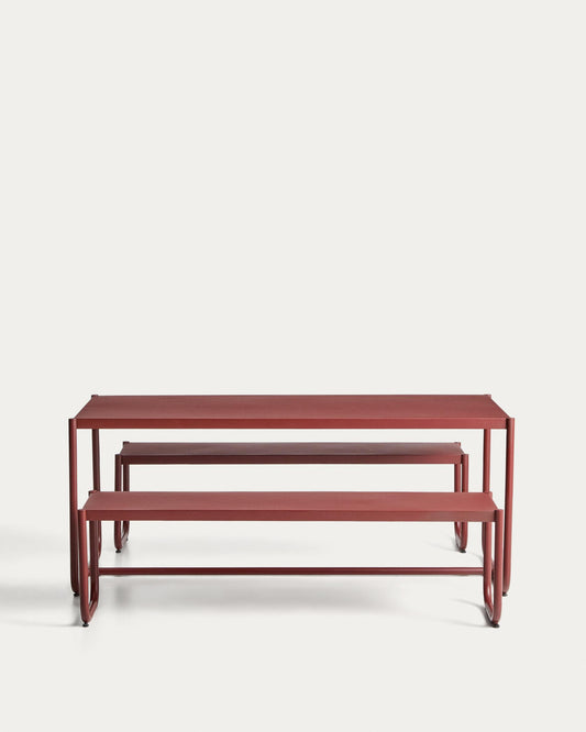 Sotil Set of 2 Benches and Galvanized Steel Table with Garnet Finish 183 x 83 cm