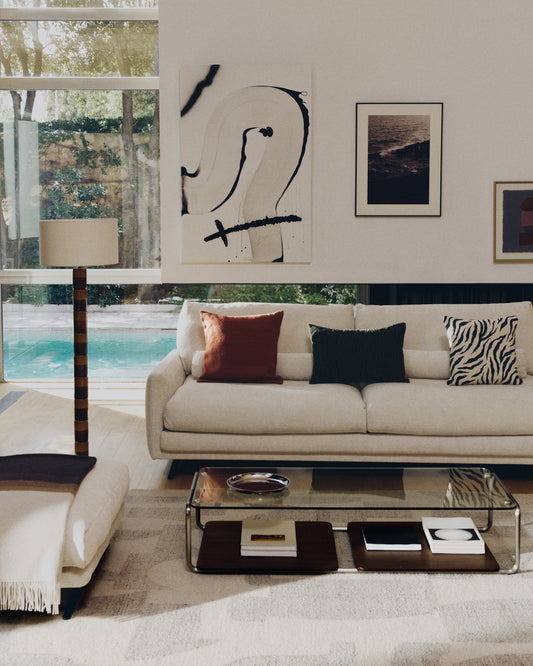 Tarsel coffee table in tempered glass with walnut veneer tray with brushed stainless steel structure 140 x 60cm