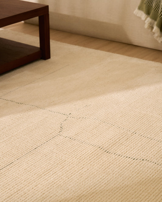 Lisdan ecru synthetic fibre rug with green graphic detail 160 x 230cm