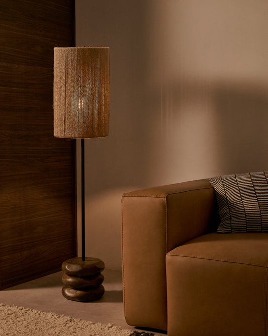 Kor table floor lamp made of jute and acacia wood in a dark finish