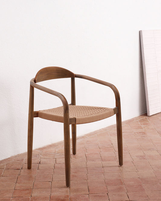Nina stackable chair in FSC 100% solid acacia wood with walnut finish and beige rope seat