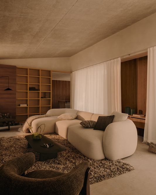 Martina ecru chenille 4-seater modular sofa with left chaise longue 377cm