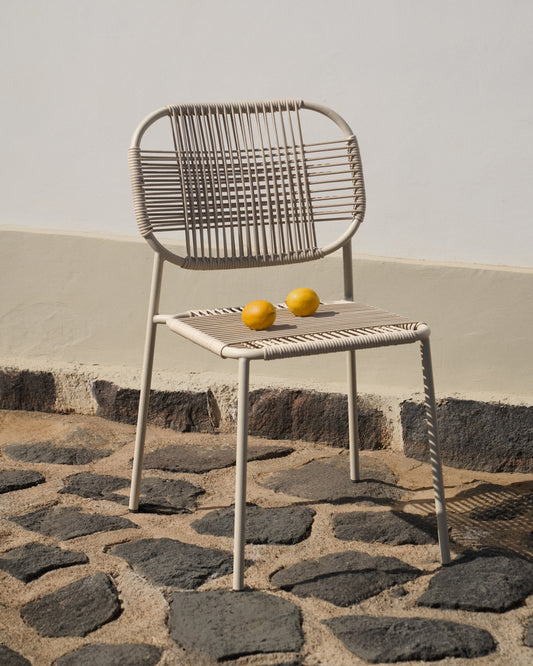 Talaier stackable outdoor chair in synthetic rope and galvanised steel with beige finish