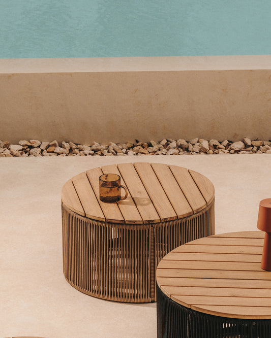 Dandara coffee table made of steel, beige cord and solid acacia wood, Ø60 cm FSC 100%