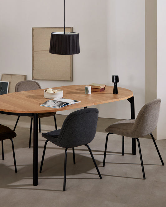 Montuiri extendable round table in oak veneer and steel legs with black finish, Ø 120 (200) cm
