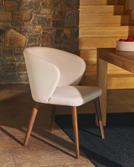 Darice chair in beige chenille and solid beech wood in a natural finish FSC 100%