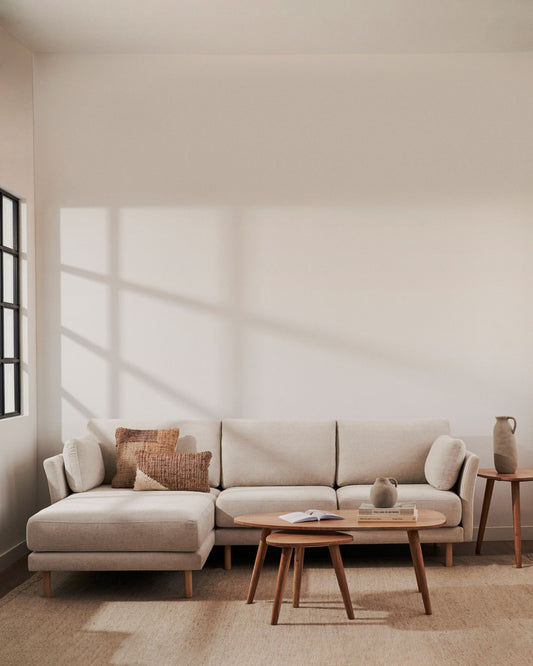 Gilma 3 seater sofa w/ right/left-hand chaise longue in chenille pearl, natural legs, 260 cm