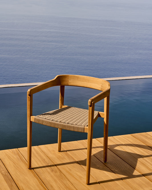 Icaro stackable chair in FSC 100% solid teak wood with natural finish and beige rope cord