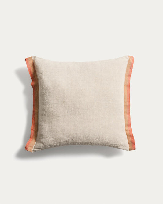 Disea cushion cover in beige linen with orange detail 45 x 45cm