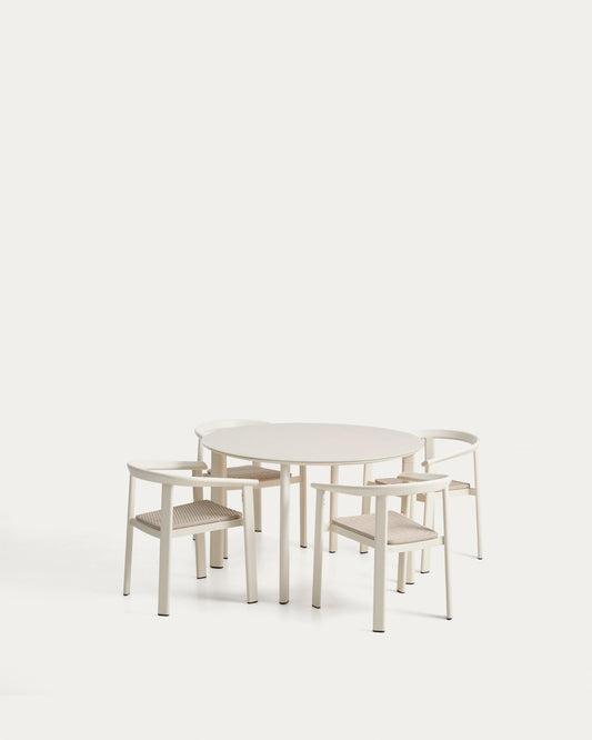 Erice set of 4 stackable chairs in aluminium and rope cord and a table in ecru aluminium and tempered glass Ø120cm