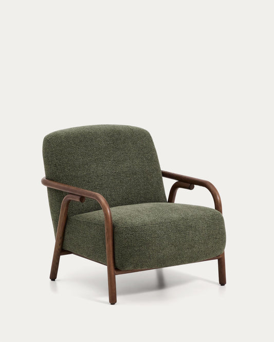 Sylo armchair in dark green chenille and solid ash wood with walnut-coloured finish FSC 100%