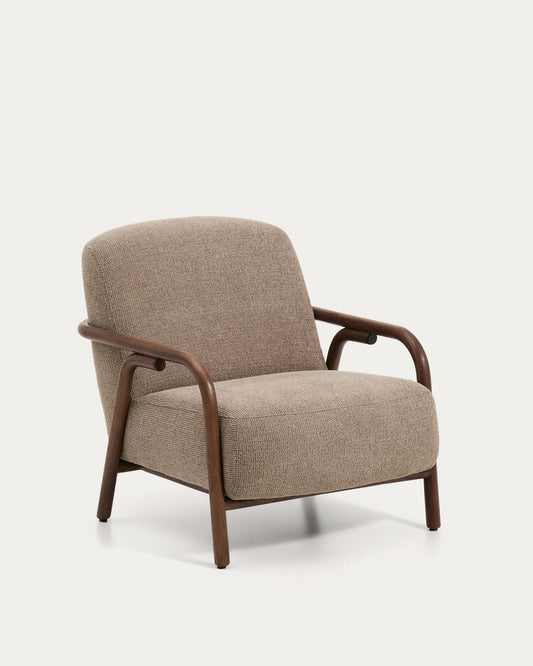 Sylo armchair in taupe chenille and solid ash wood with walnut-coloured finish FSC 100%