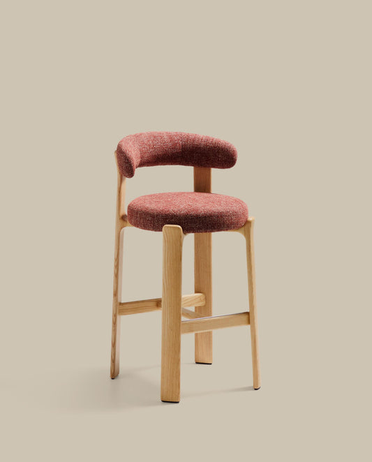 Granite stool in terracotta chenille and solid ash wood with natural tone finish FSC 100% 75cm