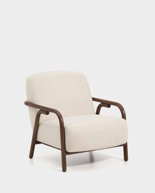 Sylo armchair in beige chenille and solid ash wood with walnut-coloured finish FSC 100%