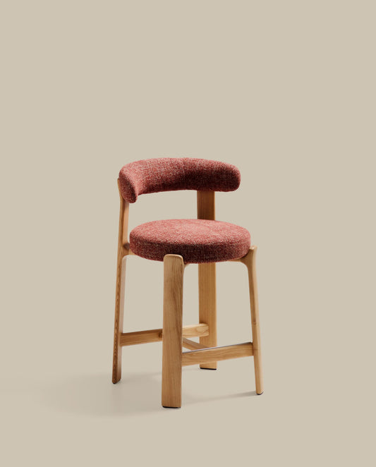 Granite stool in terracotta chenille and solid ash wood with natural tone finish FSC 100% 65cm