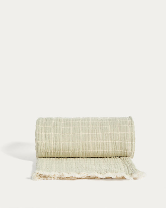 Tivaro 100% cotton jacquard blanket in light green check, double-sided 130 x 170 cm