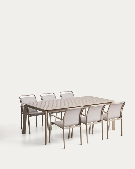 Set with Brela extendable table in taupe aluminium and 6 Luri chairs in taupe aluminium and beige texteline 205(287)x100cm
