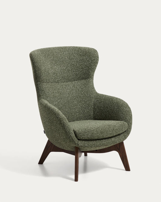 Adiran armchair in moss green thick chenille with solid oak wood legs with a walnut finish