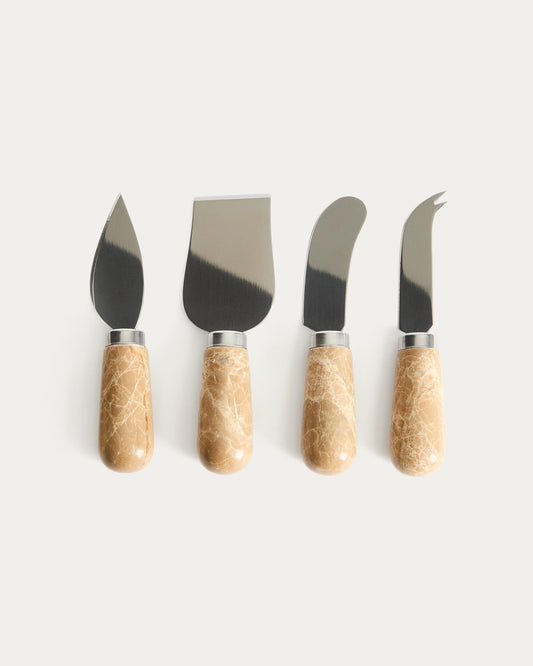 Adoma set of 4 cheese knives in beige marble and stainless steel